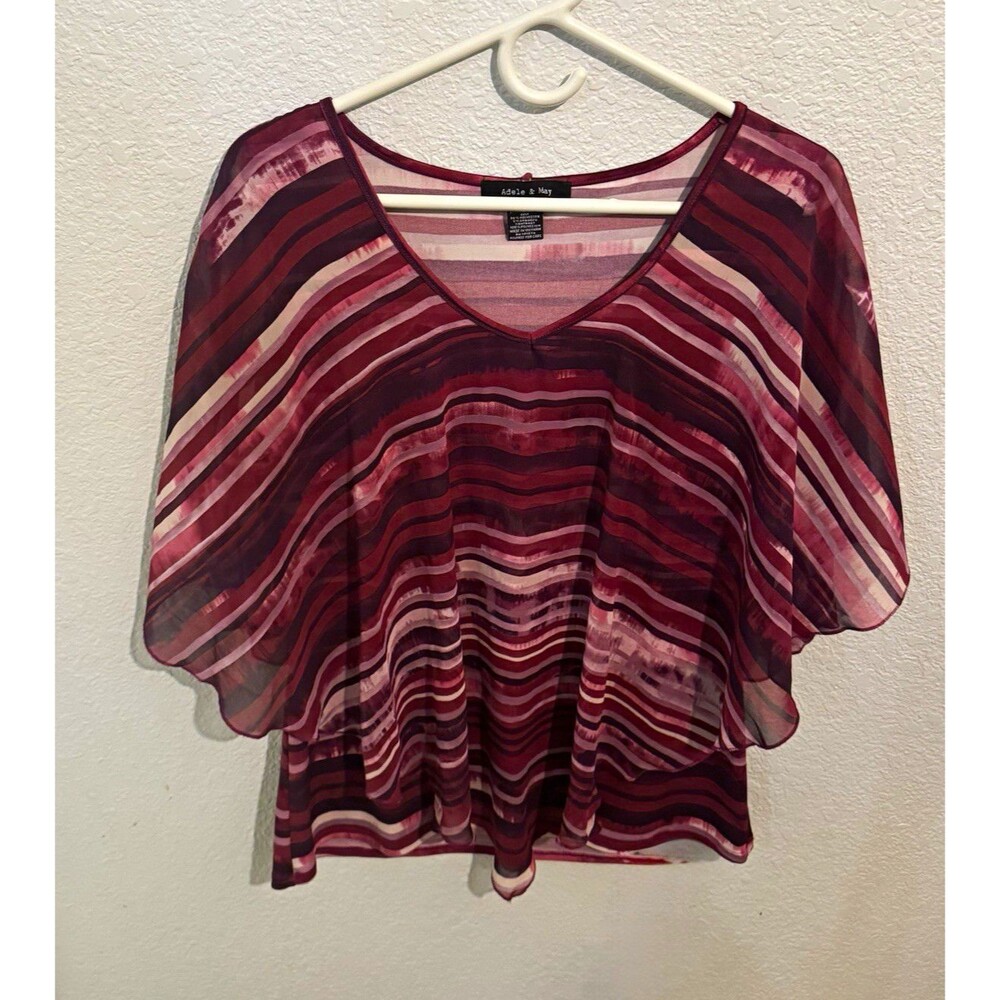 Adele & May Women’s M Burgundy Pink White Striped V-Neck Sheer Chiffon Blouse